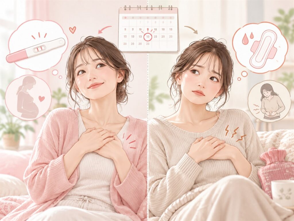 妊娠初期の胸の張りと生理前(PMS)の胸の張りの違いを比較したイラスト
